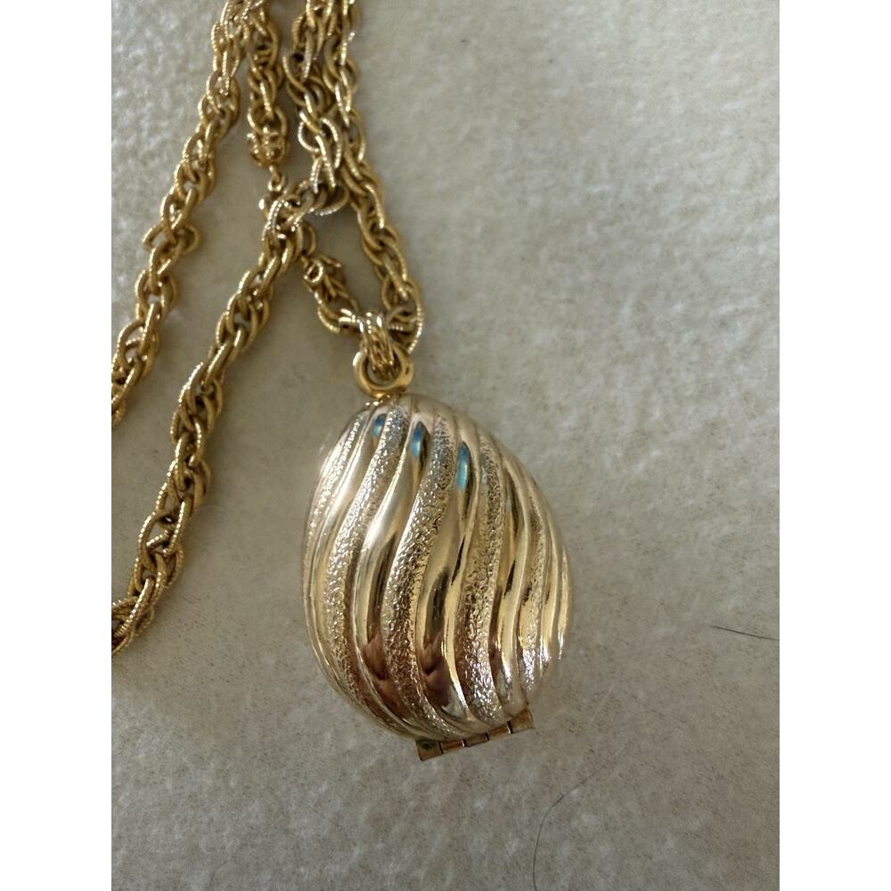 Vintage Yellow Gold Plated AVON Egg Perfume Holder Pendant Necklace and Bracelet